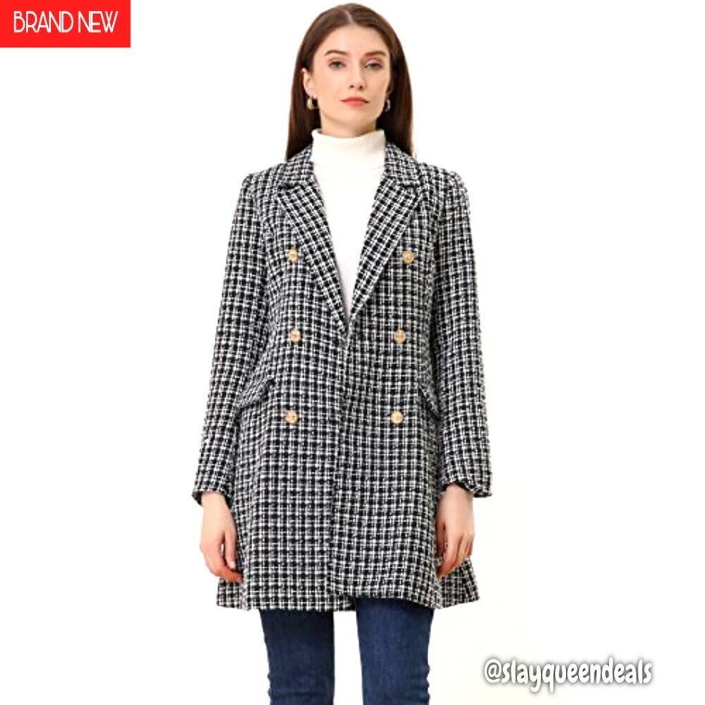 Women's Tweed Blazer Double Breasted Long Jacket Plaid Coat - Picture 4 of 6